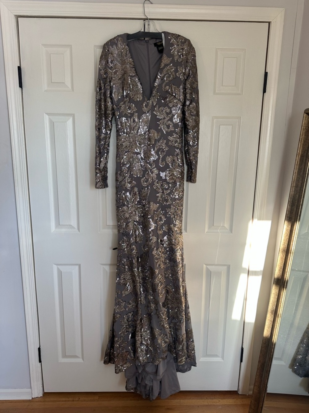 Terani Couture Gold and Gray Sequin Long Sleeve V-Neck Gown